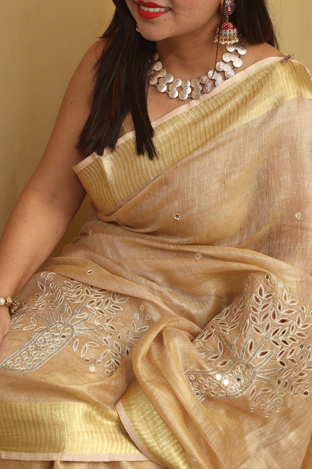 Exquisite Golden Hand Embroidered Linen Tissue Cutwork Saree - Luxurion World