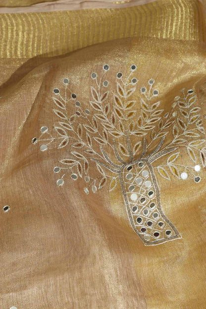 Exquisite Golden Hand Embroidered Linen Tissue Cutwork Saree - Luxurion World