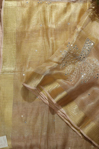 Exquisite Golden Hand Embroidered Linen Tissue Cutwork Saree - Luxurion World