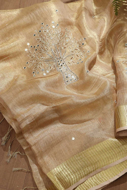 Exquisite Golden Hand Embroidered Linen Tissue Cutwork Saree - Luxurion World