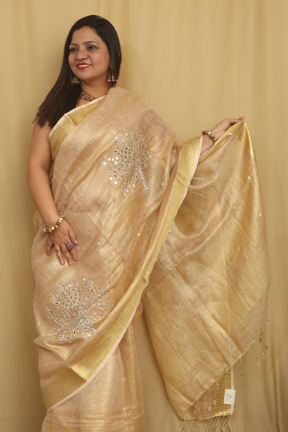 Exquisite Golden Hand Embroidered Linen Tissue Cutwork Saree - Luxurion World