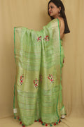 Green Pure Linen Hand Embroidered Bhagalpur Zari Border Thread Work Saree - Luxurion World