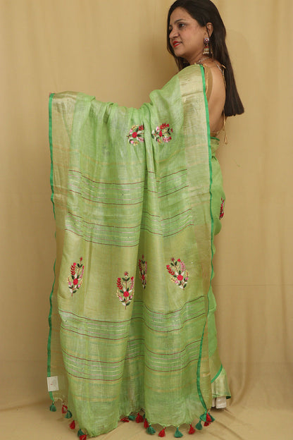 Green Pure Linen Hand Embroidered Bhagalpur Zari Border Thread Work Saree - Luxurion World