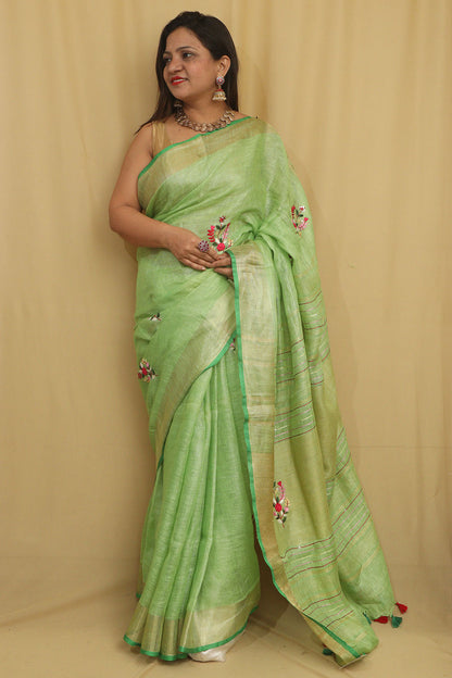 Green Pure Linen Hand Embroidered Bhagalpur Zari Border Thread Work Saree - Luxurion World