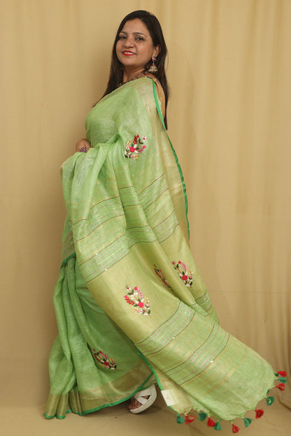 Green Pure Linen Hand Embroidered Bhagalpur Zari Border Thread Work Saree - Luxurion World