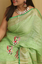 Green Pure Linen Hand Embroidered Bhagalpur Zari Border Thread Work Saree - Luxurion World