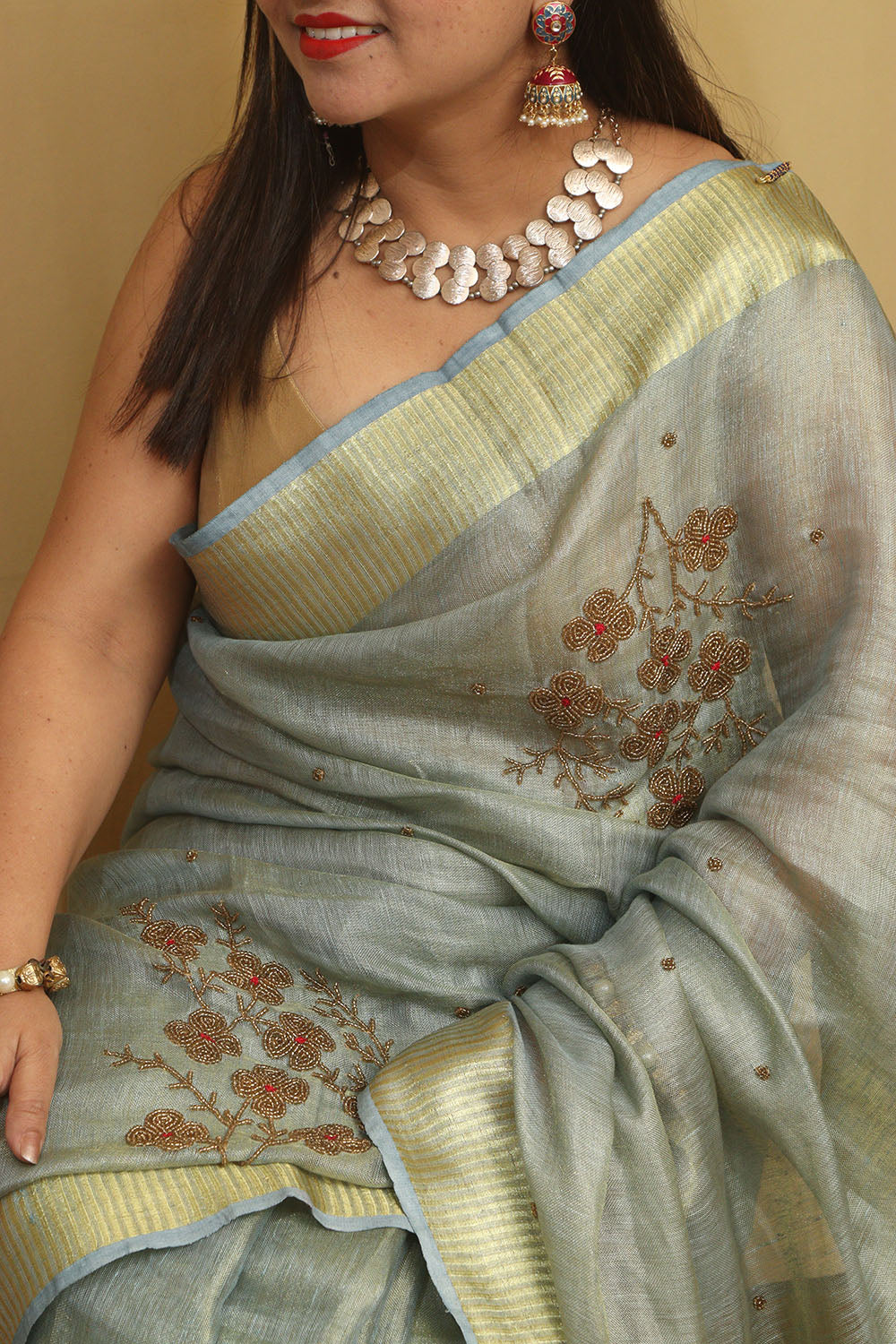 Elegant Grey Linen Tissue Silk Bhagalpur Zari Border Beads Work Saree - Luxurion World