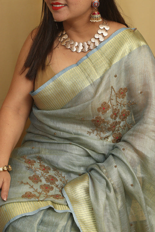 Elegant Grey Linen Tissue Silk Bhagalpur Zari Border Beads Work Saree - Luxurion World