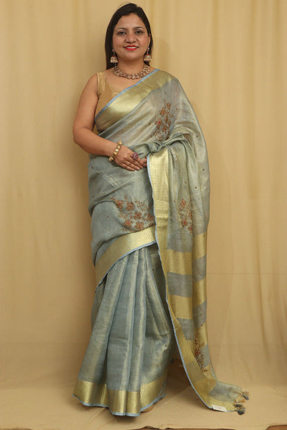 Elegant Grey Linen Tissue Silk Bhagalpur Zari Border Beads Work Saree - Luxurion World