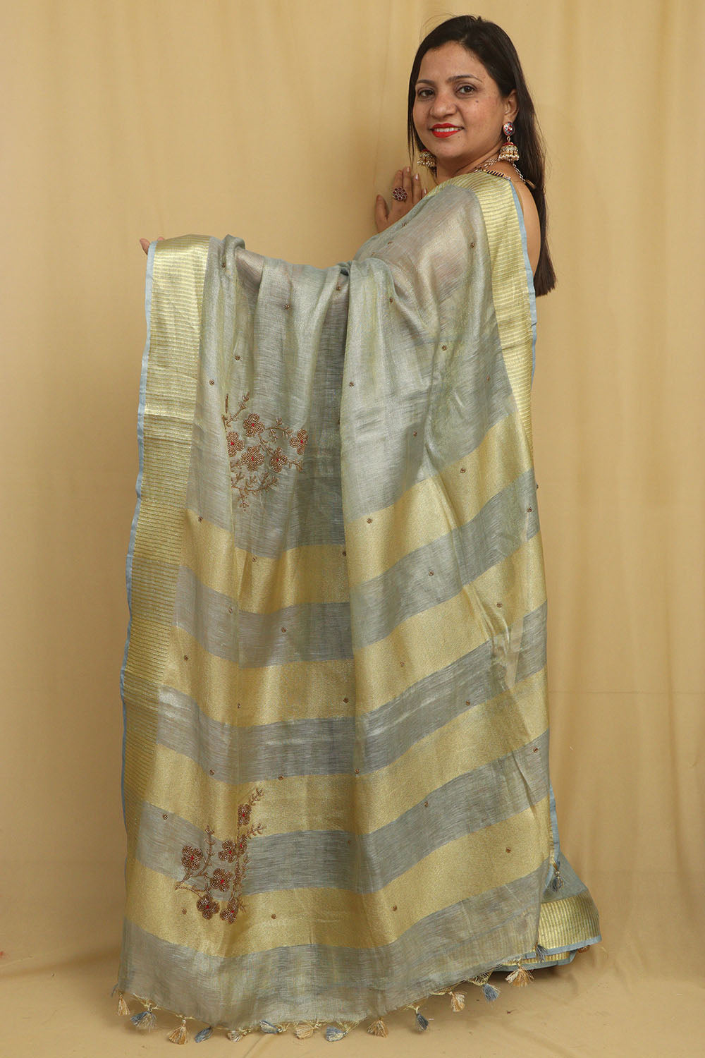 Elegant Grey Linen Tissue Silk Bhagalpur Zari Border Beads Work Saree - Luxurion World
