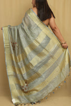Elegant Grey Linen Tissue Silk Bhagalpur Zari Border Beads Work Saree - Luxurion World