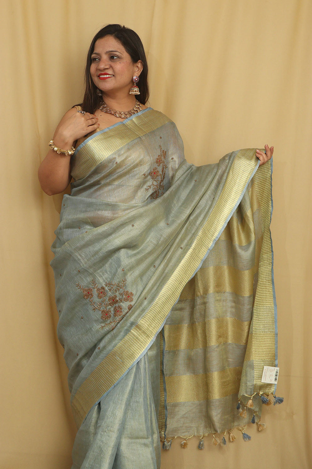 Elegant Grey Linen Tissue Silk Bhagalpur Zari Border Beads Work Saree - Luxurion World
