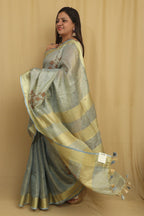 Elegant Grey Linen Tissue Silk Bhagalpur Zari Border Beads Work Saree - Luxurion World