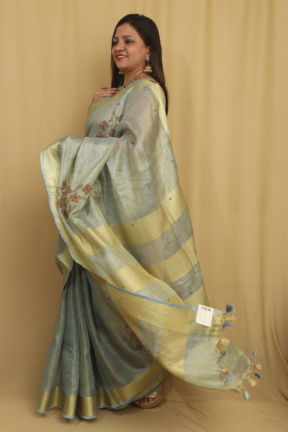 Elegant Grey Linen Tissue Silk Bhagalpur Zari Border Beads Work Saree - Luxurion World