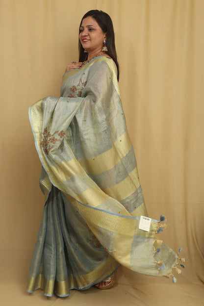 Elegant Grey Linen Tissue Silk Bhagalpur Zari Border Beads Work Saree - Luxurion World