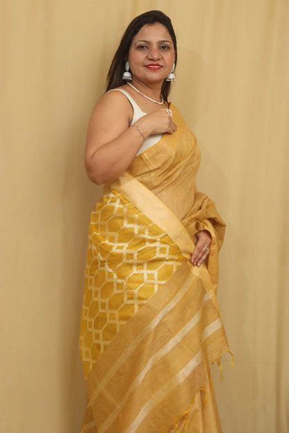 Stunning Yellow Bhagalpur Cotton Silk Saree - Luxurion World