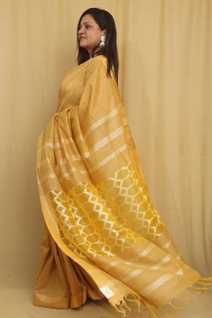 Stunning Yellow Bhagalpur Cotton Silk Saree - Luxurion World