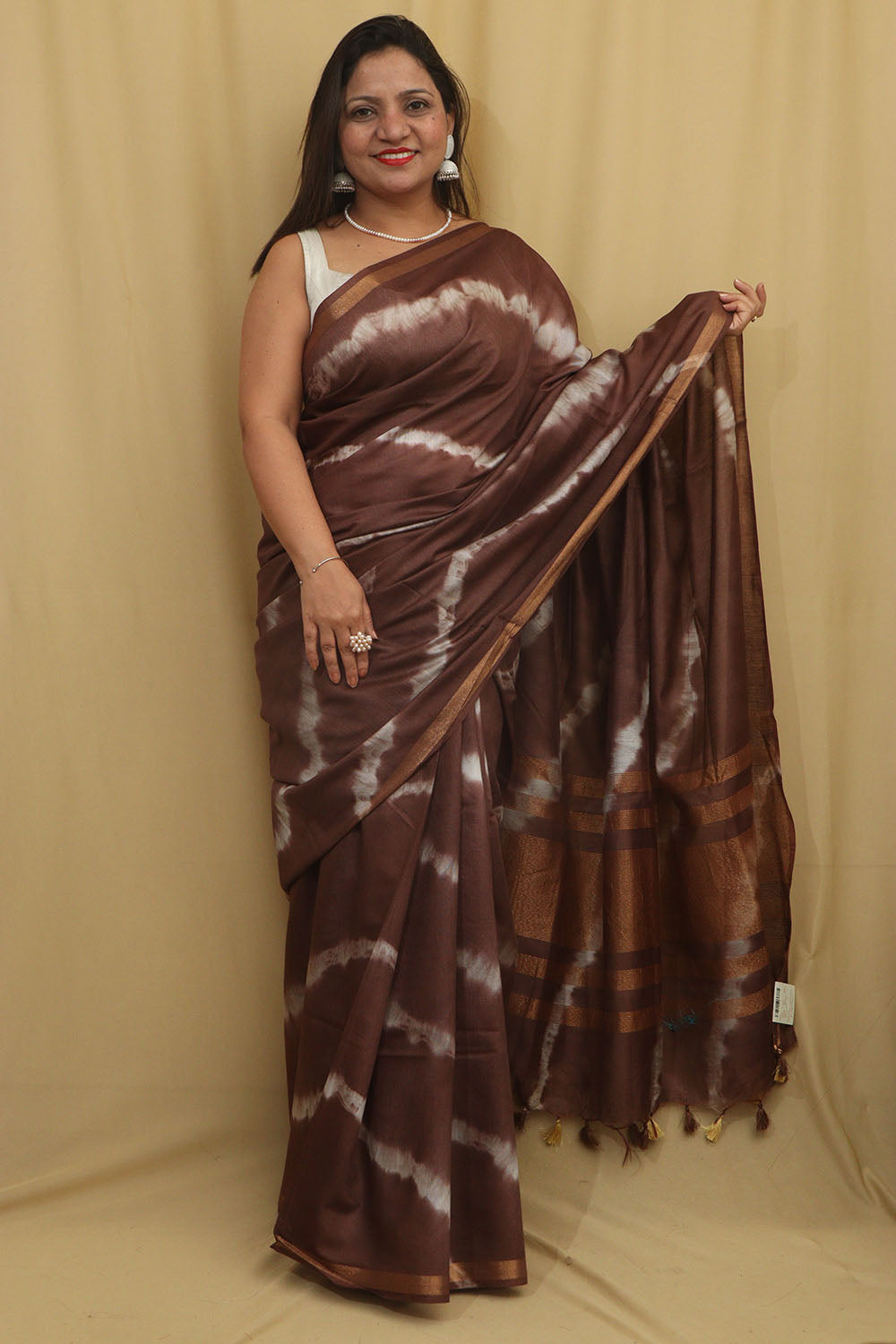 Stunning Brown Bhagalpur Cotton Silk Tie And Dye Leheriya Saree - Luxurion World