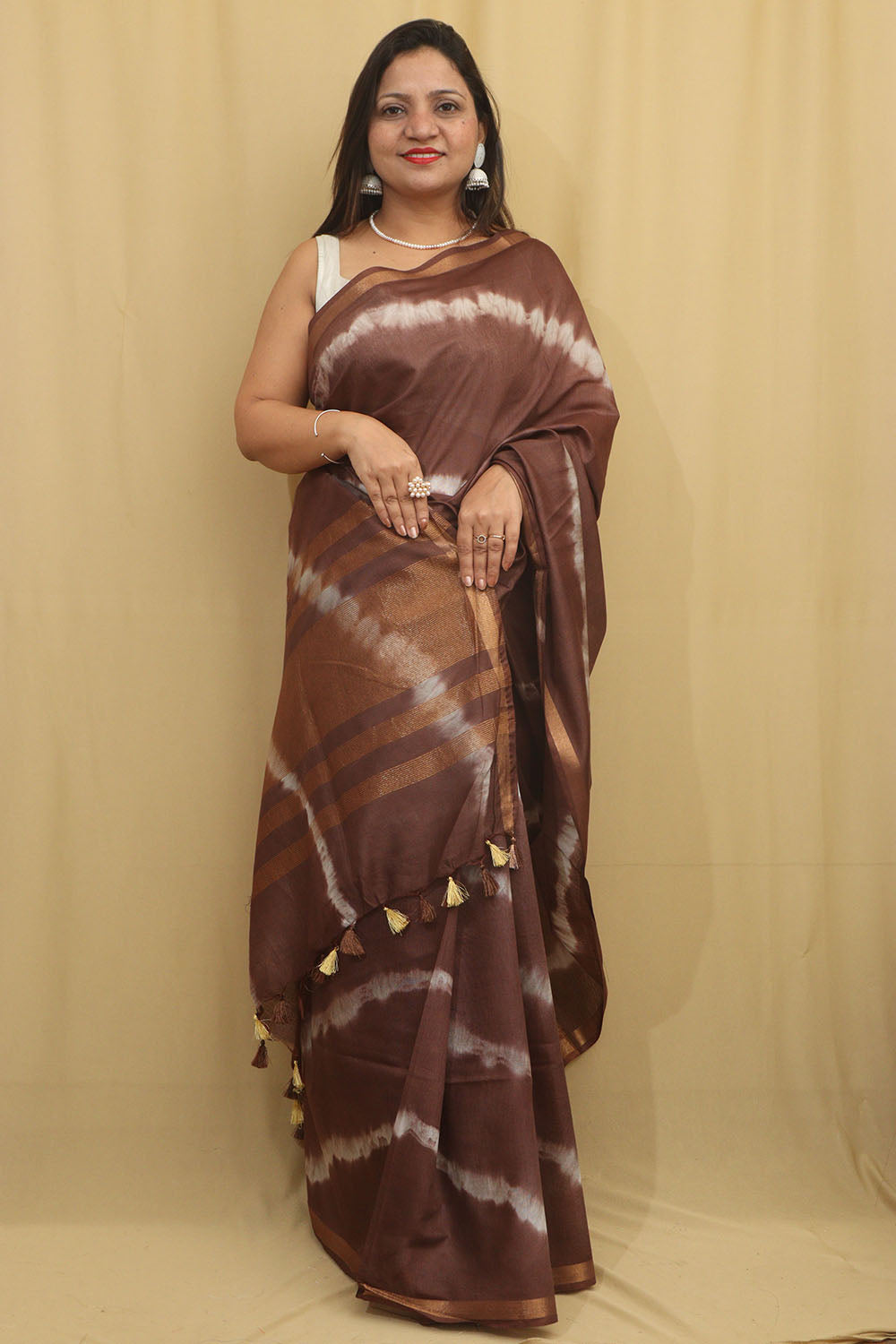 Stunning Brown Bhagalpur Cotton Silk Tie And Dye Leheriya Saree - Luxurion World
