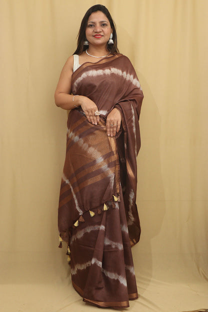 Stunning Brown Bhagalpur Cotton Silk Tie And Dye Leheriya Saree - Luxurion World