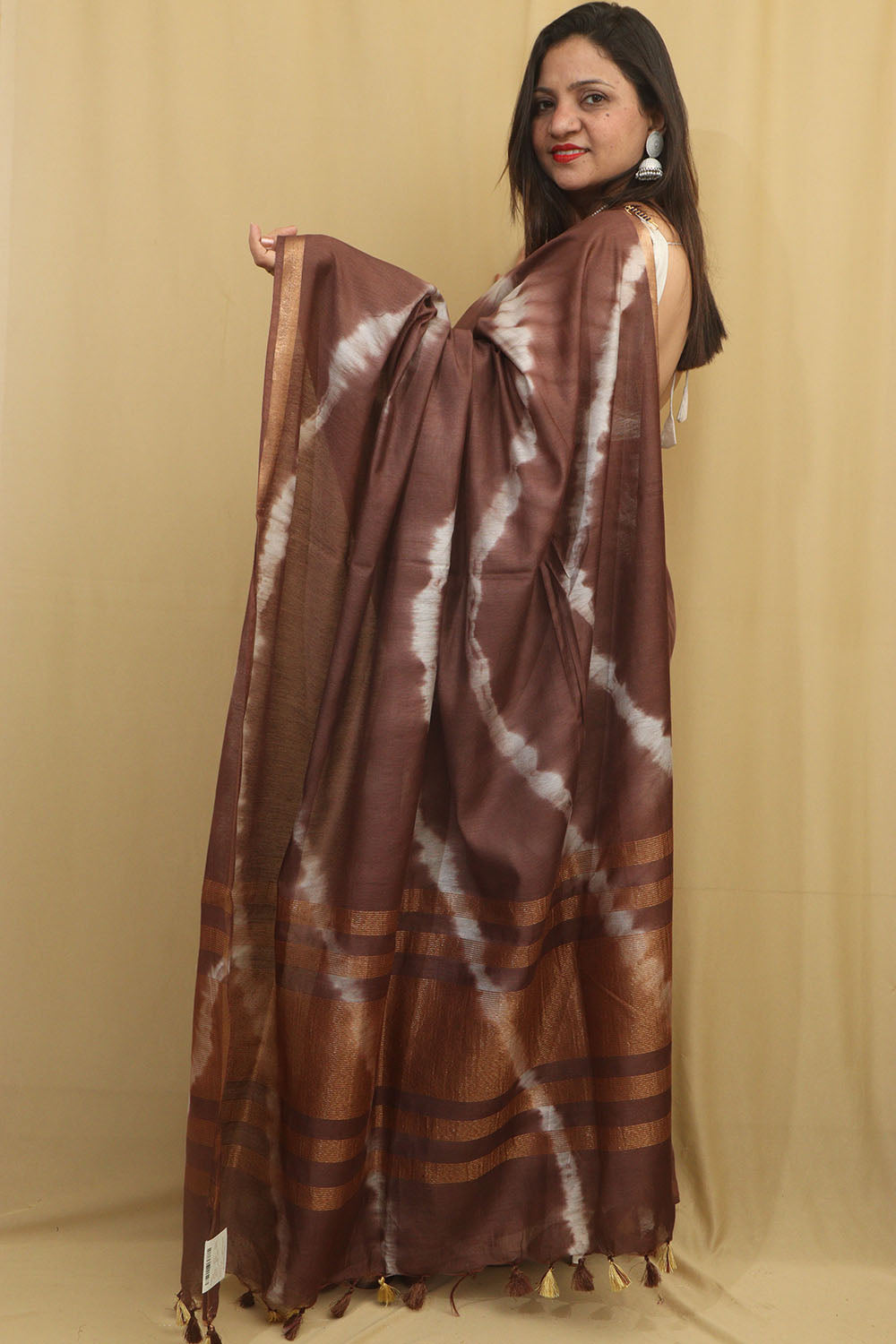 Stunning Brown Bhagalpur Cotton Silk Tie And Dye Leheriya Saree - Luxurion World