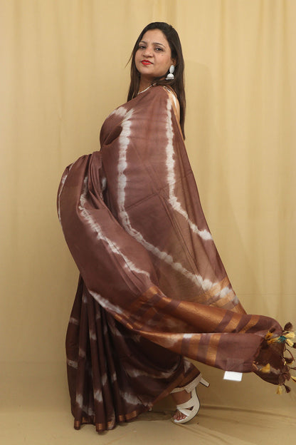 Stunning Brown Bhagalpur Cotton Silk Tie And Dye Leheriya Saree - Luxurion World