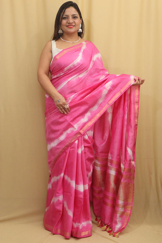 Stunning Pink Bhagalpur Cotton Silk Tie And Dye Leheriya Saree - Luxurion World