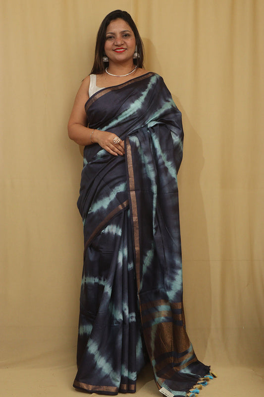 Blue Bhagalpur Cotton Silk Tie And Dye Leheriya Saree - Luxurion World