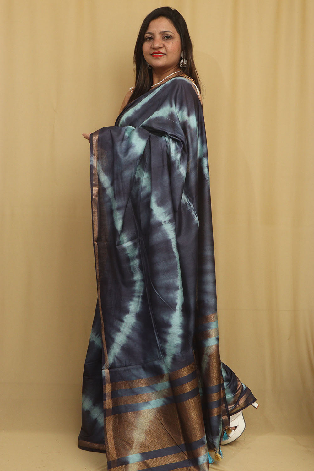 Blue Bhagalpur Cotton Silk Tie And Dye Leheriya Saree - Luxurion World