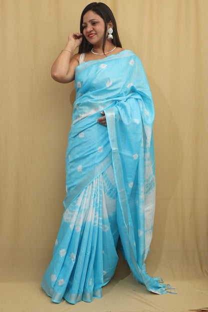 Blue Bhagalpur Linen Cotton Tie And Dye Shibori Saree - Luxurion World