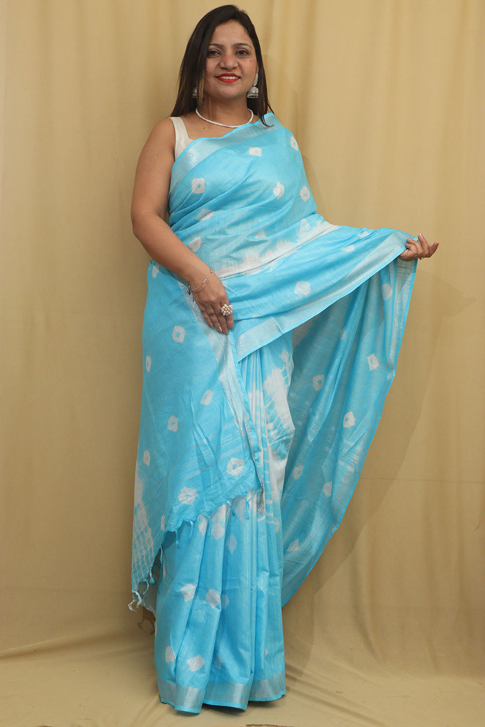Blue Bhagalpur Linen Cotton Tie And Dye Shibori Saree - Luxurion World
