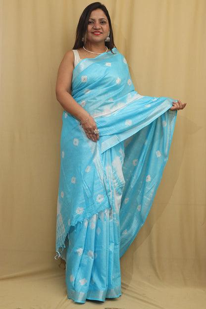 Blue Bhagalpur Linen Cotton Tie And Dye Shibori Saree - Luxurion World