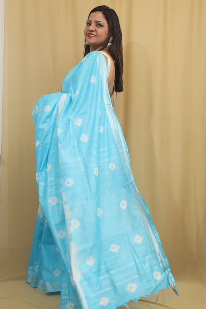 Blue Bhagalpur Linen Cotton Tie And Dye Shibori Saree - Luxurion World