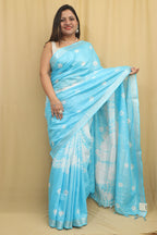 Blue Bhagalpur Linen Cotton Tie And Dye Shibori Saree - Luxurion World
