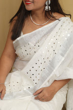 Elegant White Pure Linen Bhagalpur Sequins Work Saree - Luxurion World