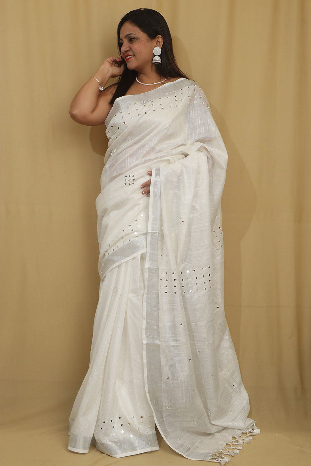 Elegant White Pure Linen Bhagalpur Sequins Work Saree - Luxurion World