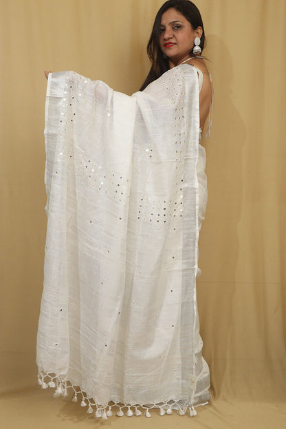 Elegant White Pure Linen Bhagalpur Sequins Work Saree - Luxurion World