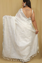 Elegant White Pure Linen Bhagalpur Sequins Work Saree - Luxurion World