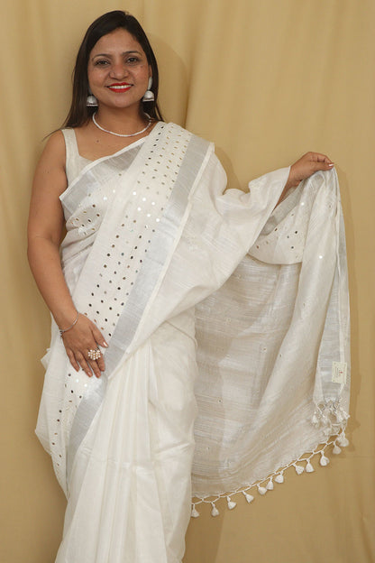 Elegant White Pure Linen Bhagalpur Sequins Work Saree - Luxurion World