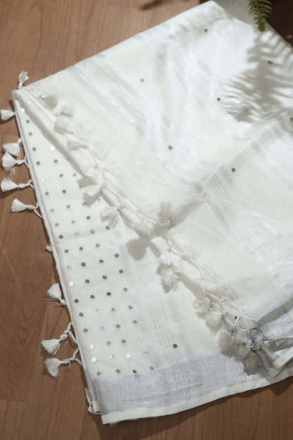 Elegant White Pure Linen Bhagalpur Sequins Work Saree - Luxurion World