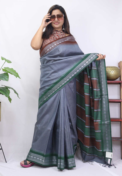 Stunning Grey Handloom Bhagalpur Tussar Silk Saree with Vidharbha Border - Luxurion World