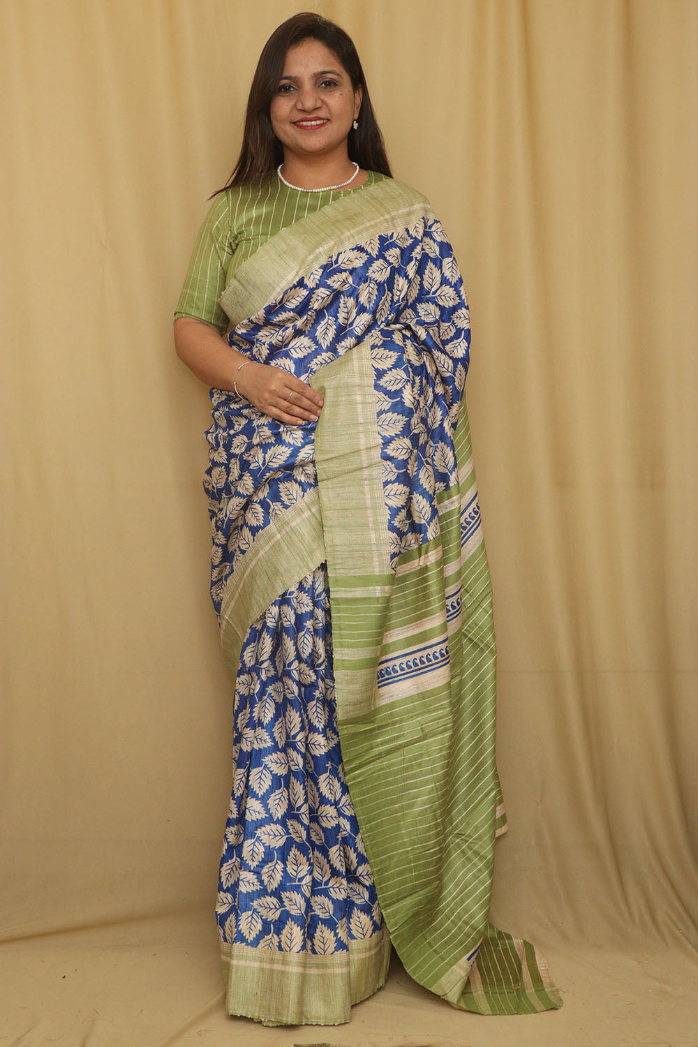 Elegant Blue Ghicha Tussar Silk Block Printed Saree - Luxurion World