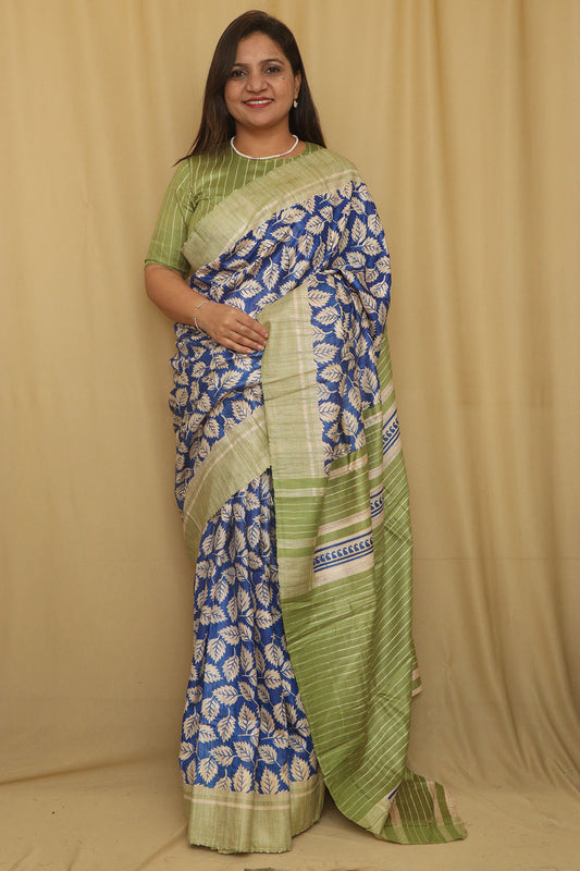 Elegant Blue Ghicha Tussar Silk Block Printed Saree - Luxurion World