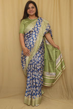 Elegant Blue Ghicha Tussar Silk Block Printed Saree - Luxurion World