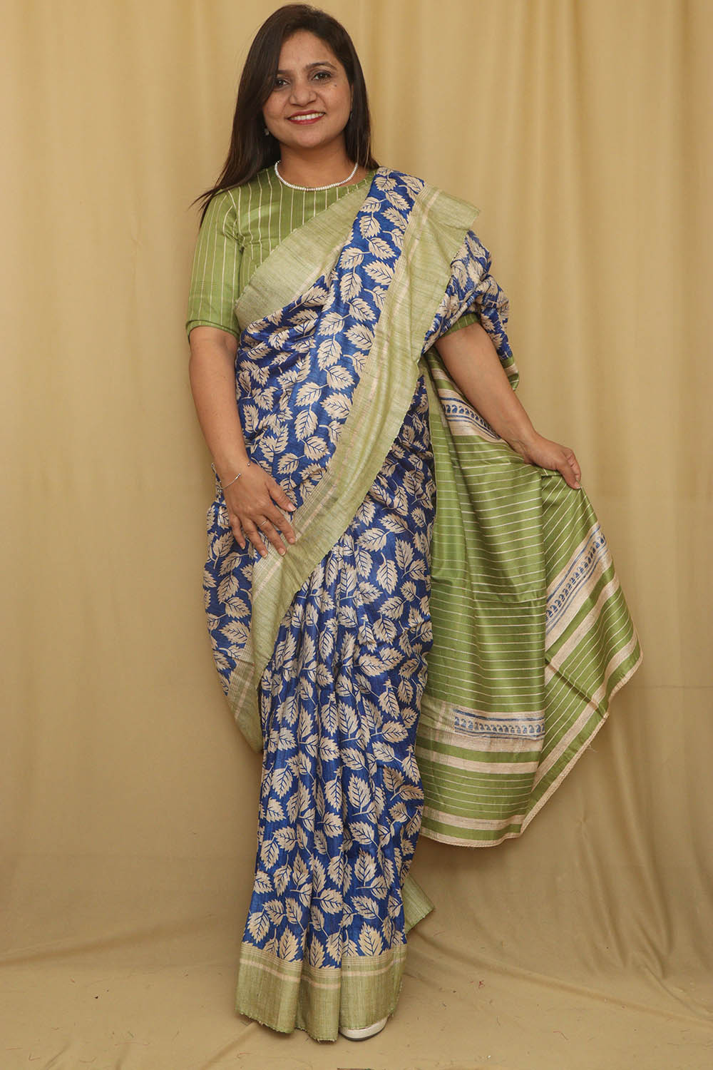 Elegant Blue Ghicha Tussar Silk Block Printed Saree - Luxurion World