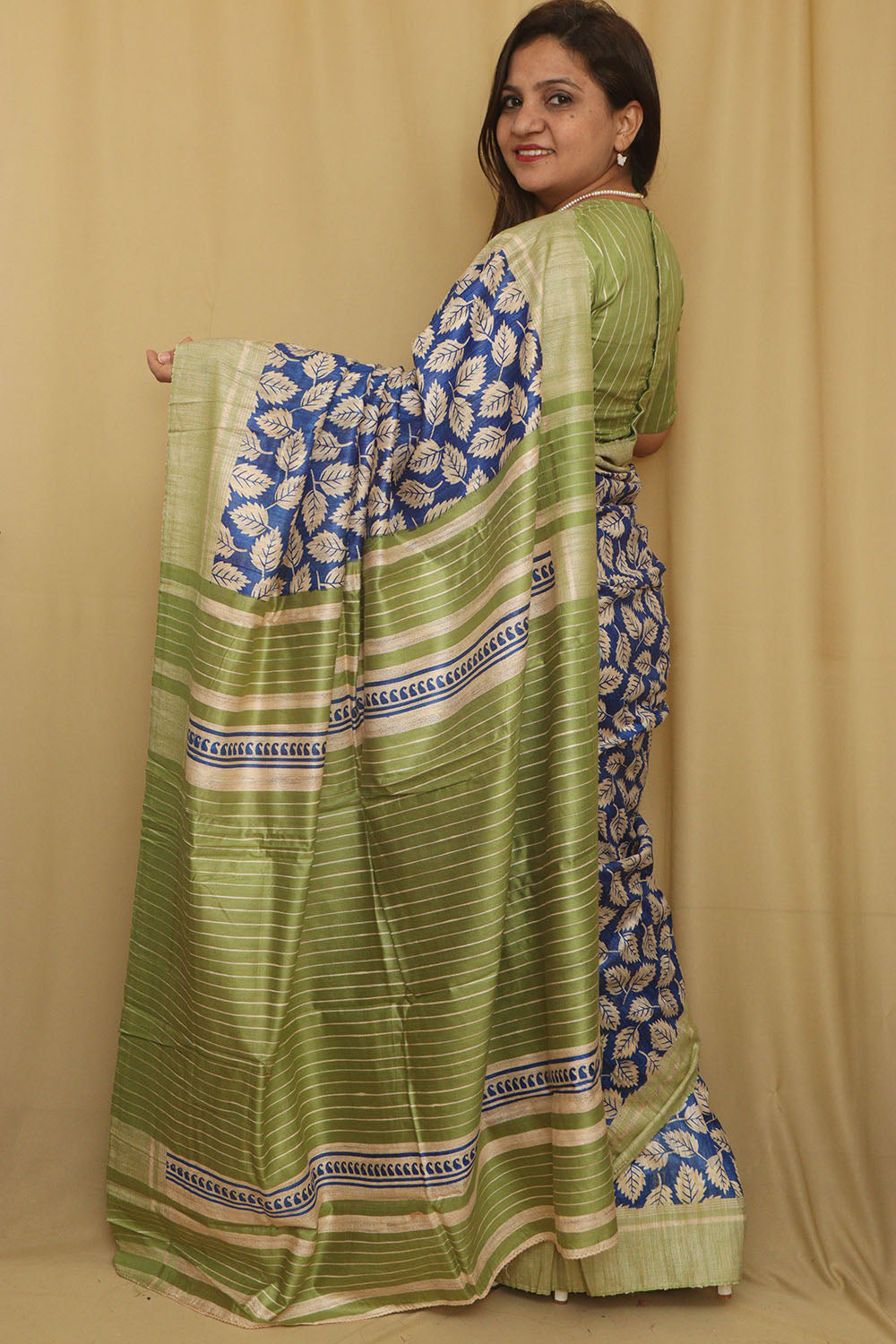 Elegant Blue Ghicha Tussar Silk Block Printed Saree - Luxurion World