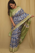 Elegant Blue Ghicha Tussar Silk Block Printed Saree - Luxurion World