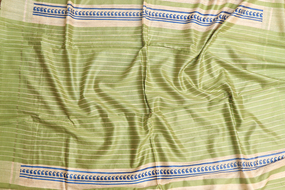 Elegant Blue Ghicha Tussar Silk Block Printed Saree - Luxurion World
