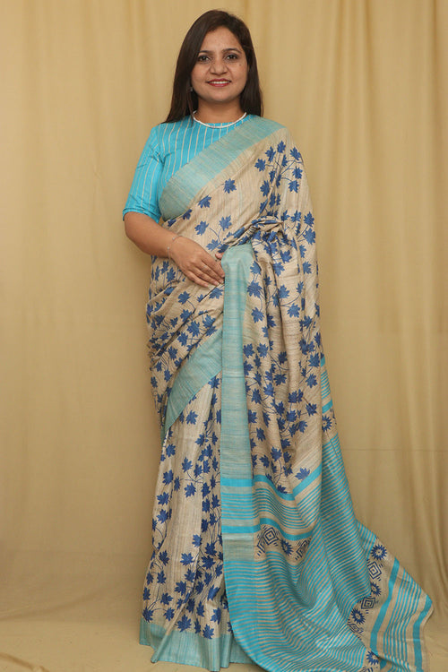 Pastel Bhagalpur Pure Ghicha Tussar Silk Block Printed Saree - Luxurion World
