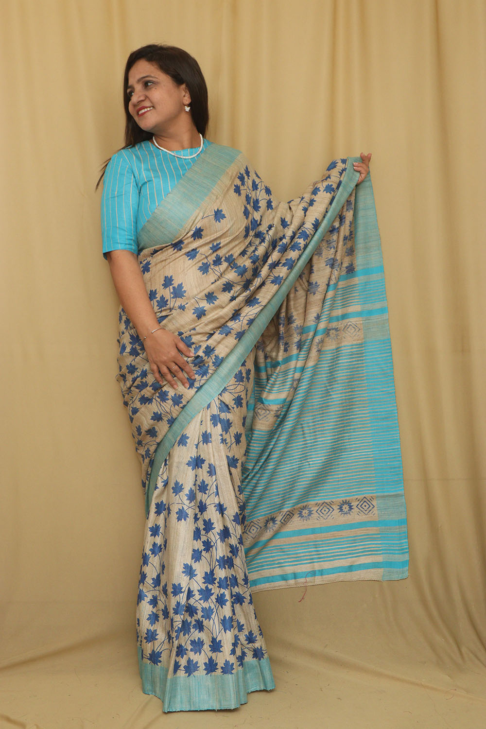Pastel Bhagalpur Pure Ghicha Tussar Silk Block Printed Saree - Luxurion World